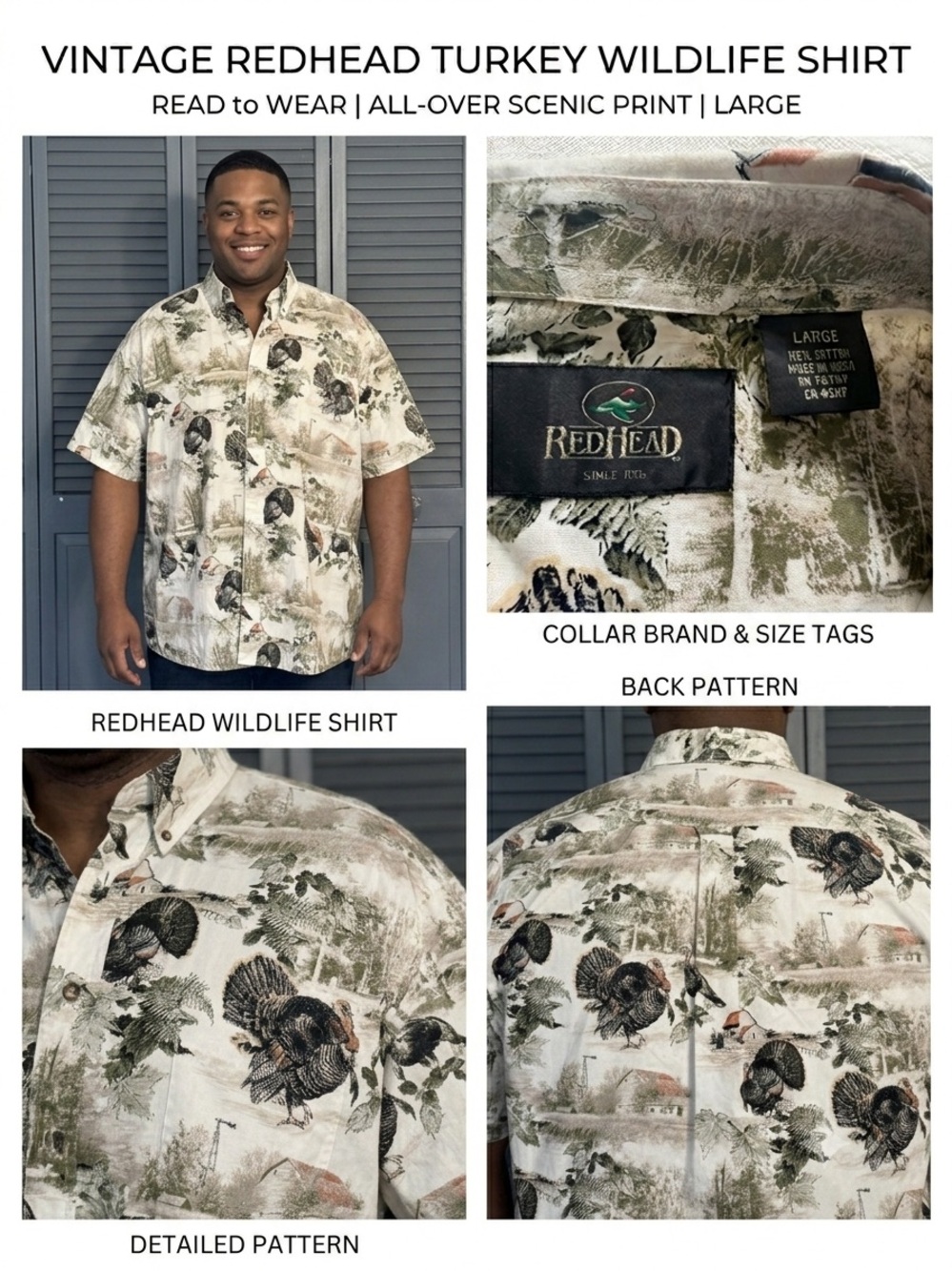 RedHead Wild Turkey Scenic Novelty Print Button Down Shirt Men's Large Cotton